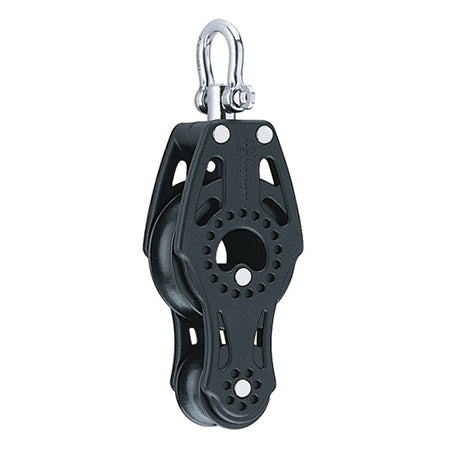Composite Pulley with two sheaves in a vertical alignment, a swiveling top post and a shackle.
