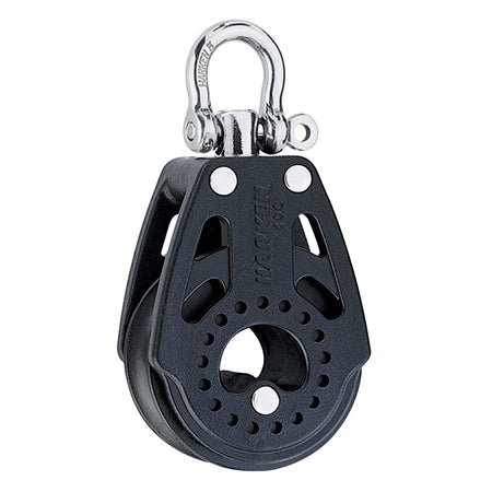 Composite Pulley with one sheave, a swiveling top post and a shackle.