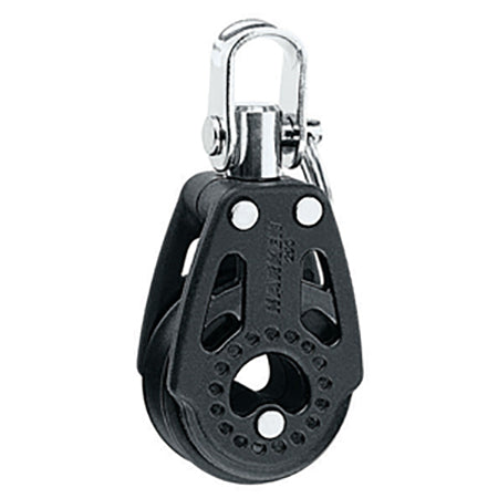 Composite Pulley with one sheave, a swiveling top post and shackle.