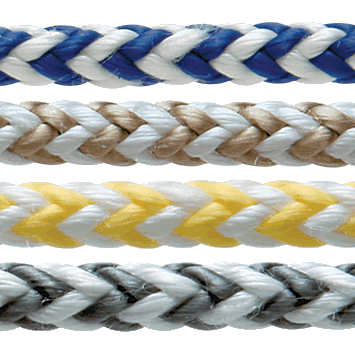 Color group image of Bzzz Line; blue and white rope, gold and white rope, yellow and white rope, grey and white rope.