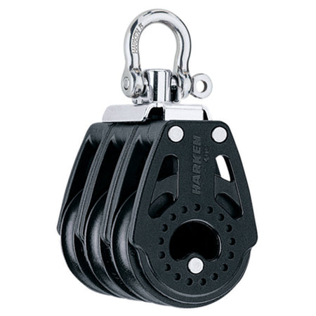 Composite Pulley with three sheaves, a swiveling top post and a shackle.