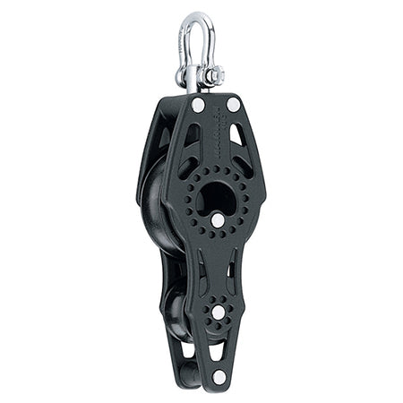 Composite Pulley with two sheaves in a vertical alignment, a swiveling top post and a shackle.