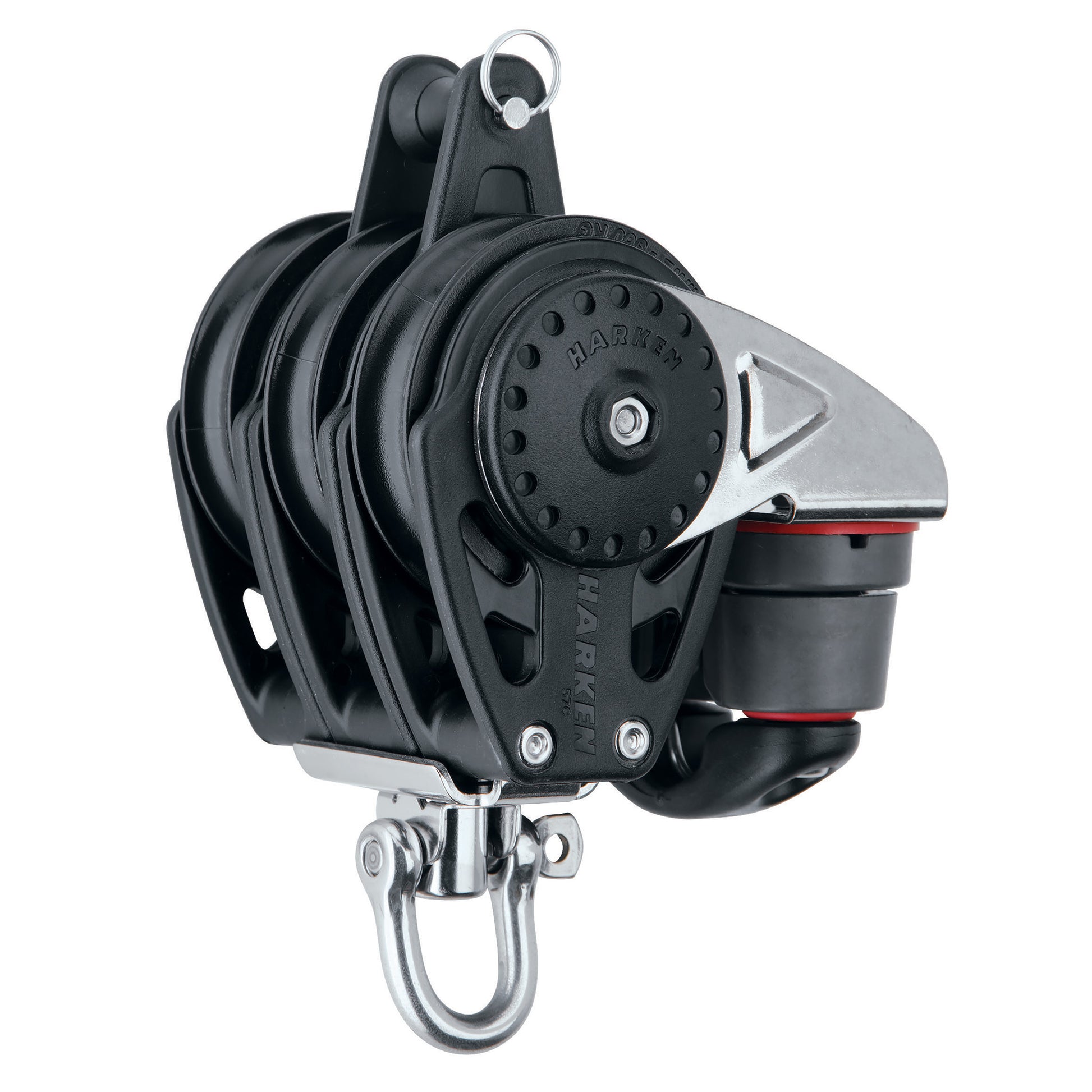 Black Harken 57mm Triple Block with Swivel, Becket, and Cam Cleat - Part Number 2618