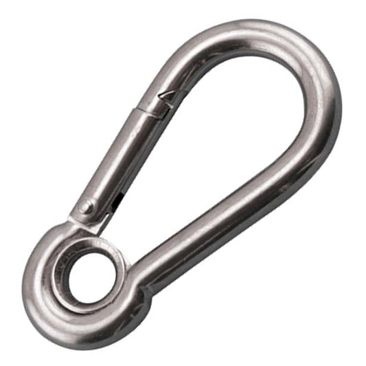 2 3/8 inch long oblong spring clip with a bar gate and a closed round eye for a fixed attachment.