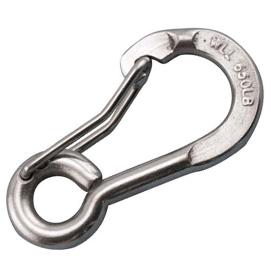 2 3/8 inch long clip with a flat top into a bar lower half with a closed eye and a torsion spring wire gate.