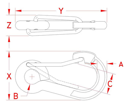 Technical drawing of 316 stainless steel wire lever harness clip.