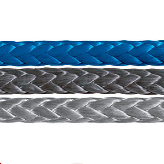 Close up image of Samson Amsteel Blue rope color options. Displays navy blue, black, and gray color options.