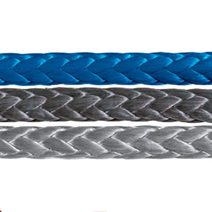 Close up image of Samson Amsteel Blue rope color options. Displays navy blue, black, and gray color options.