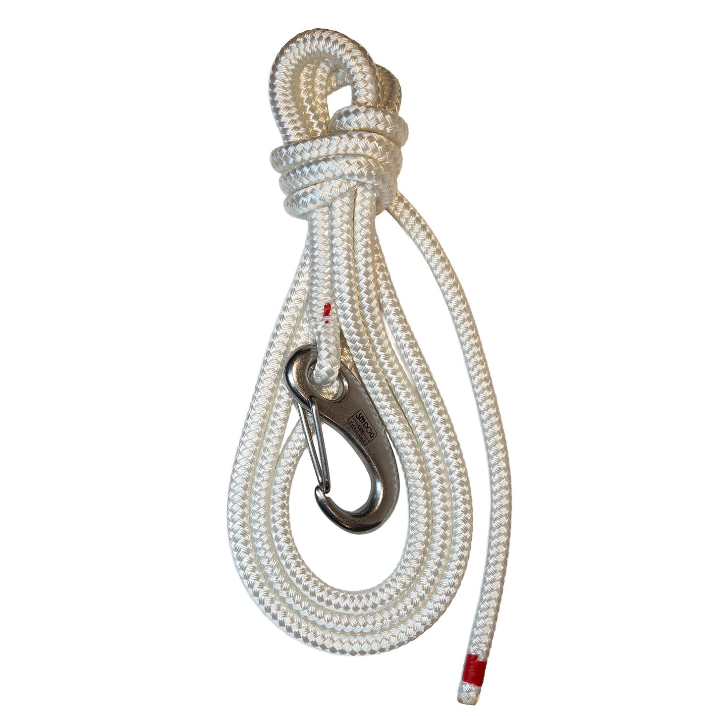 White line with stainless hook spliced on one end and a whipped bitter end.