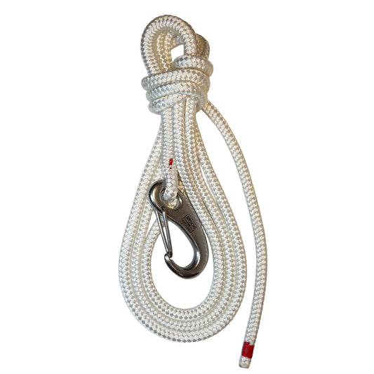 White line with stainless hook spliced on one end and a whipped bitter end.