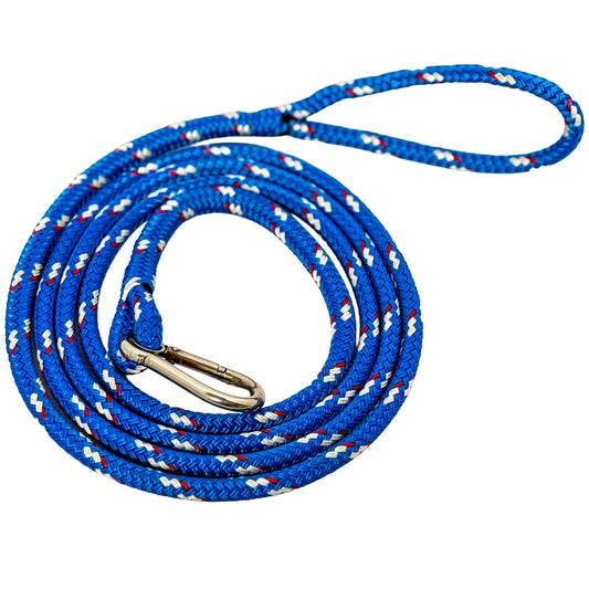Blue line with white flecks and red tracer with spliced eye through safety clip with large spliced eye at the opposite end.