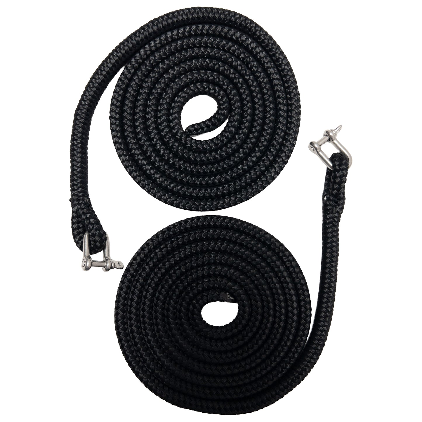 Two black lines neatly coiled with eye splices and shackles in the eye splice.