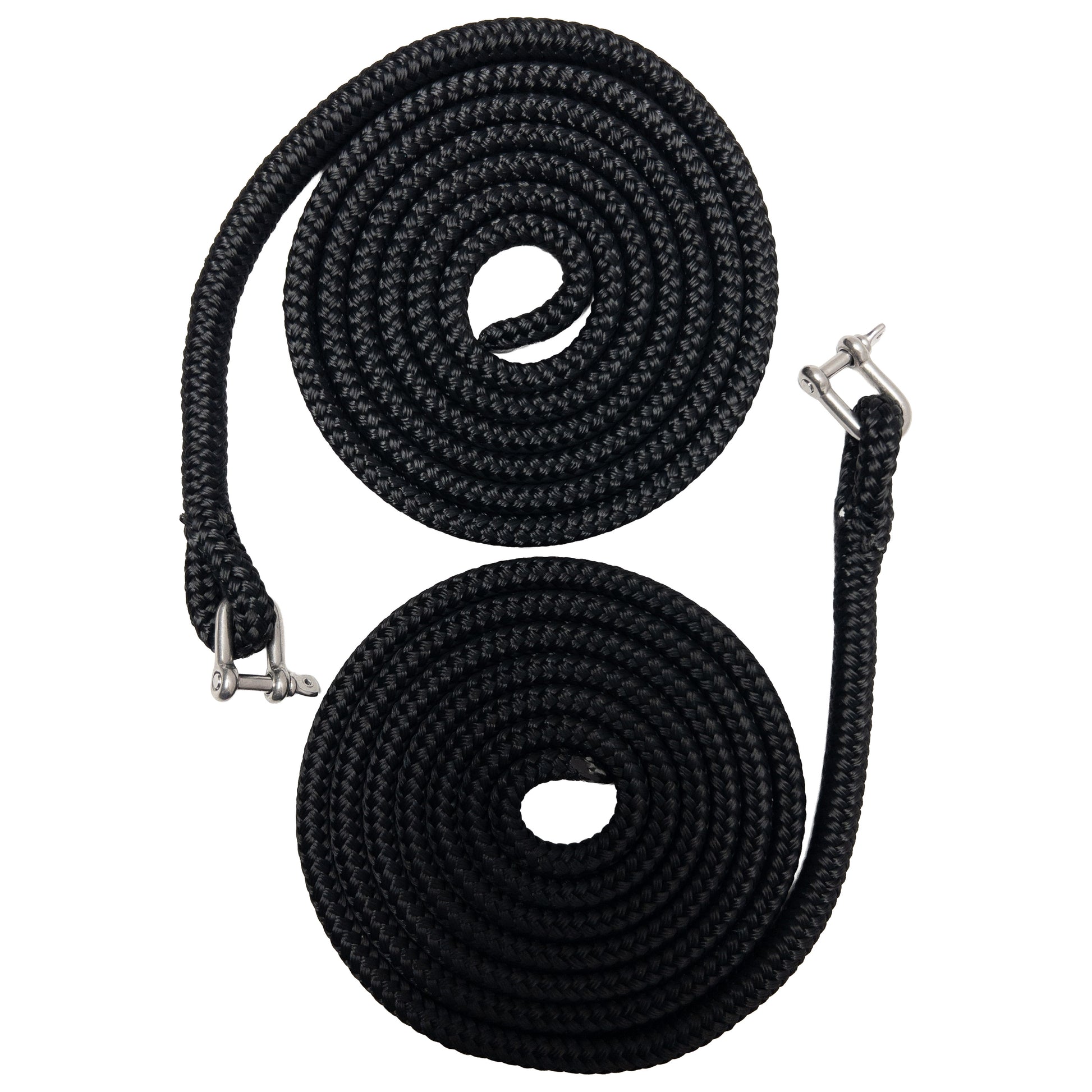 Two black lines neatly coiled with eye splices and shackles in the eye splice.