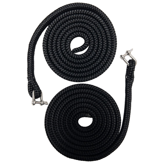 Two black lines neatly coiled with eye splices and shackles in the eye splice.