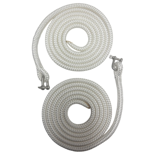Two white lines neatly coiled with eye splices and shackles in the eye splice.