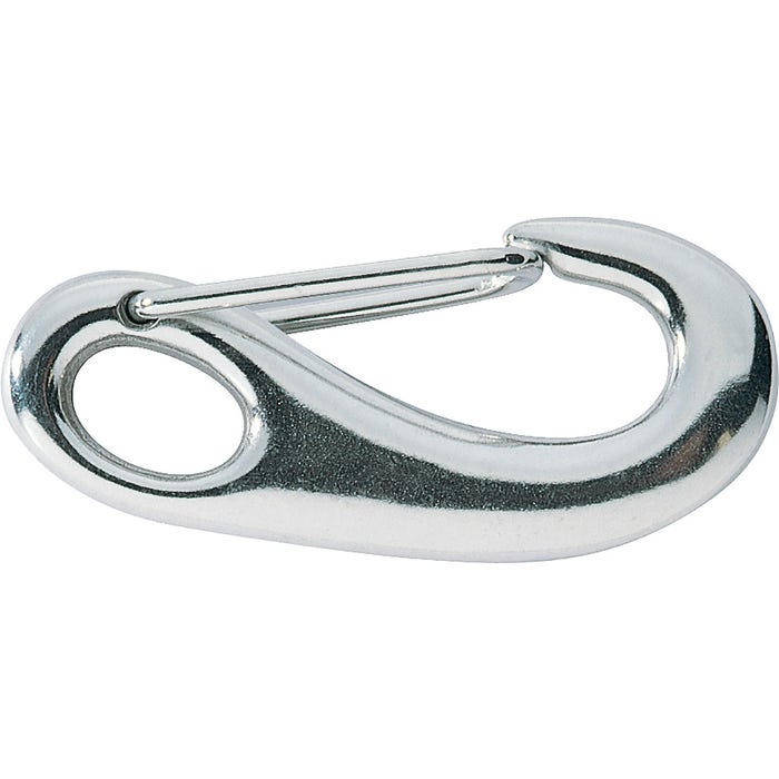 2 Inch oblong hook with a spring loaded wire lever gate and hole for attachment.