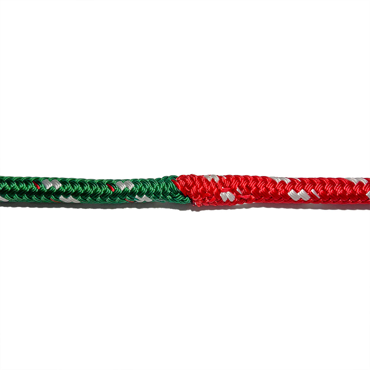 Green Sta-Set rope end-to-end spliced into red Sta-Set rope.