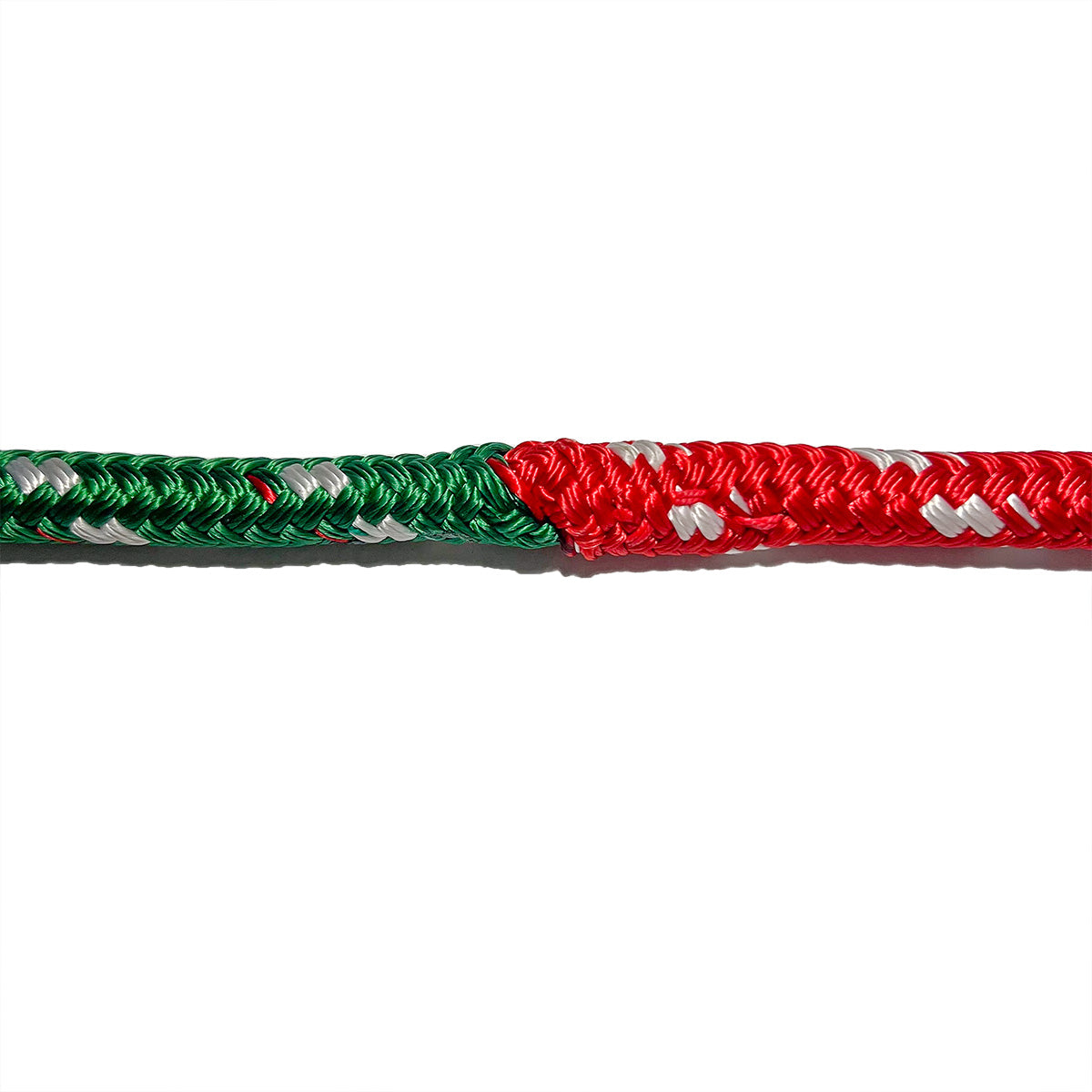 Green Sta-Set rope end-to-end spliced into red Sta-Set rope.