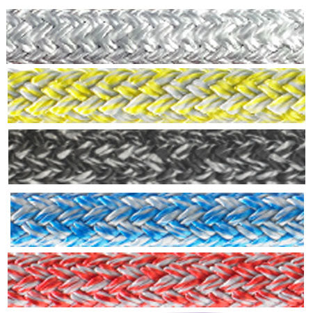 Close up of Endura Braid rope euro colors: white, yellow, black, blue, and red. All color options have a silver fleck woven into the braid.