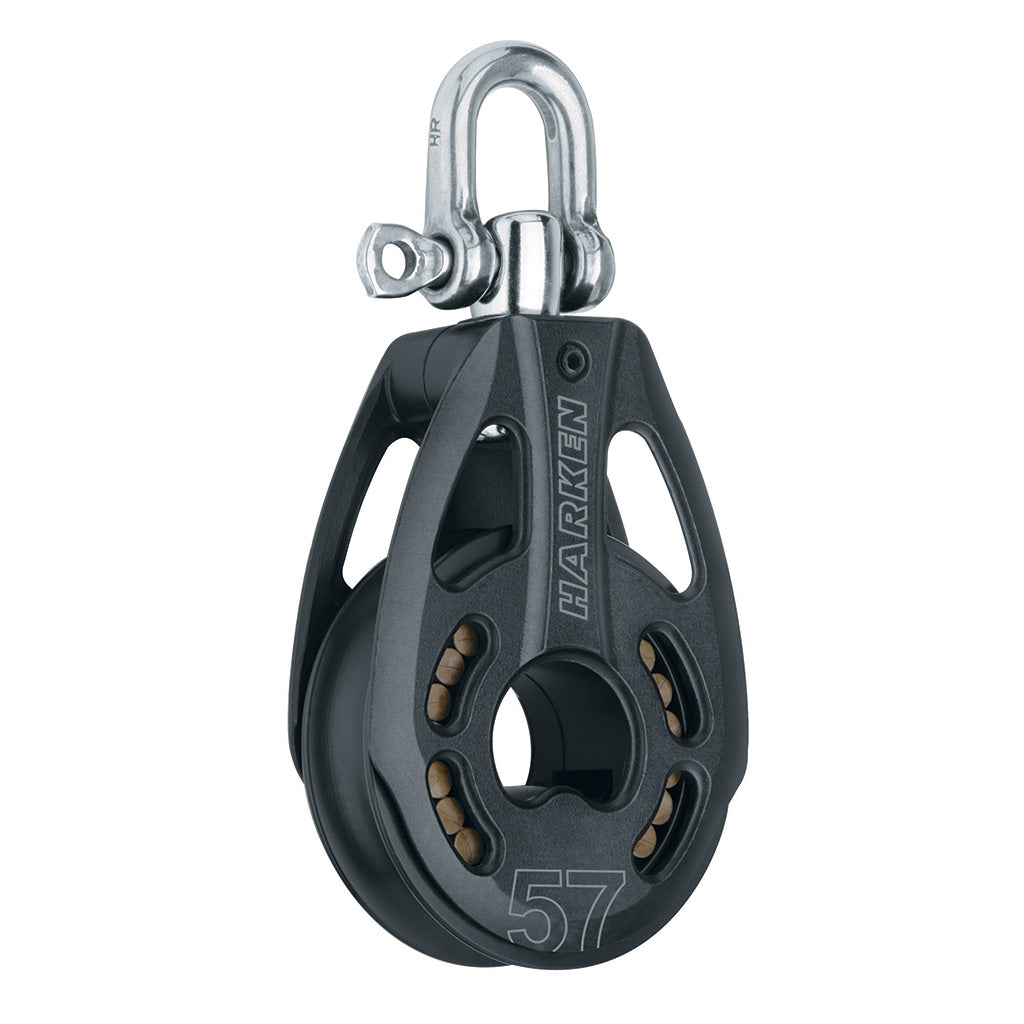 Aluminum Pulley with sheave and cut out side plates with a  top post and a shackle.