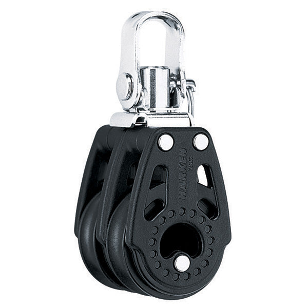 Composite Pulley with two sheaves, a swiveling top post and shackle.