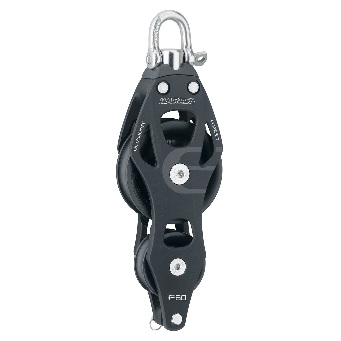 Two composite black sheaves in a vertical alignment, a swiveling top post and shackle with aluminum side plates