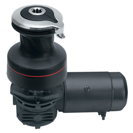 A black Harken self-tailing radial electric winch with a horizontal electric radial design, featuring a control box and a gear-driven mechanism.