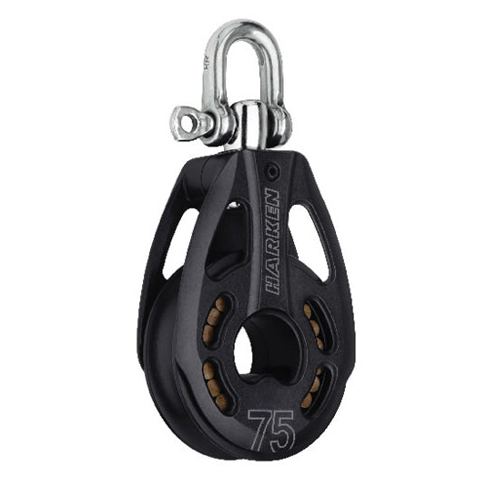Aluminum Pulley with sheave and cut out side plates with a  top post and a shackle.