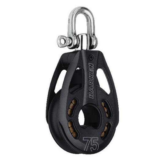 Aluminum Pulley with sheave and cut out side plates with a  top post and a shackle.