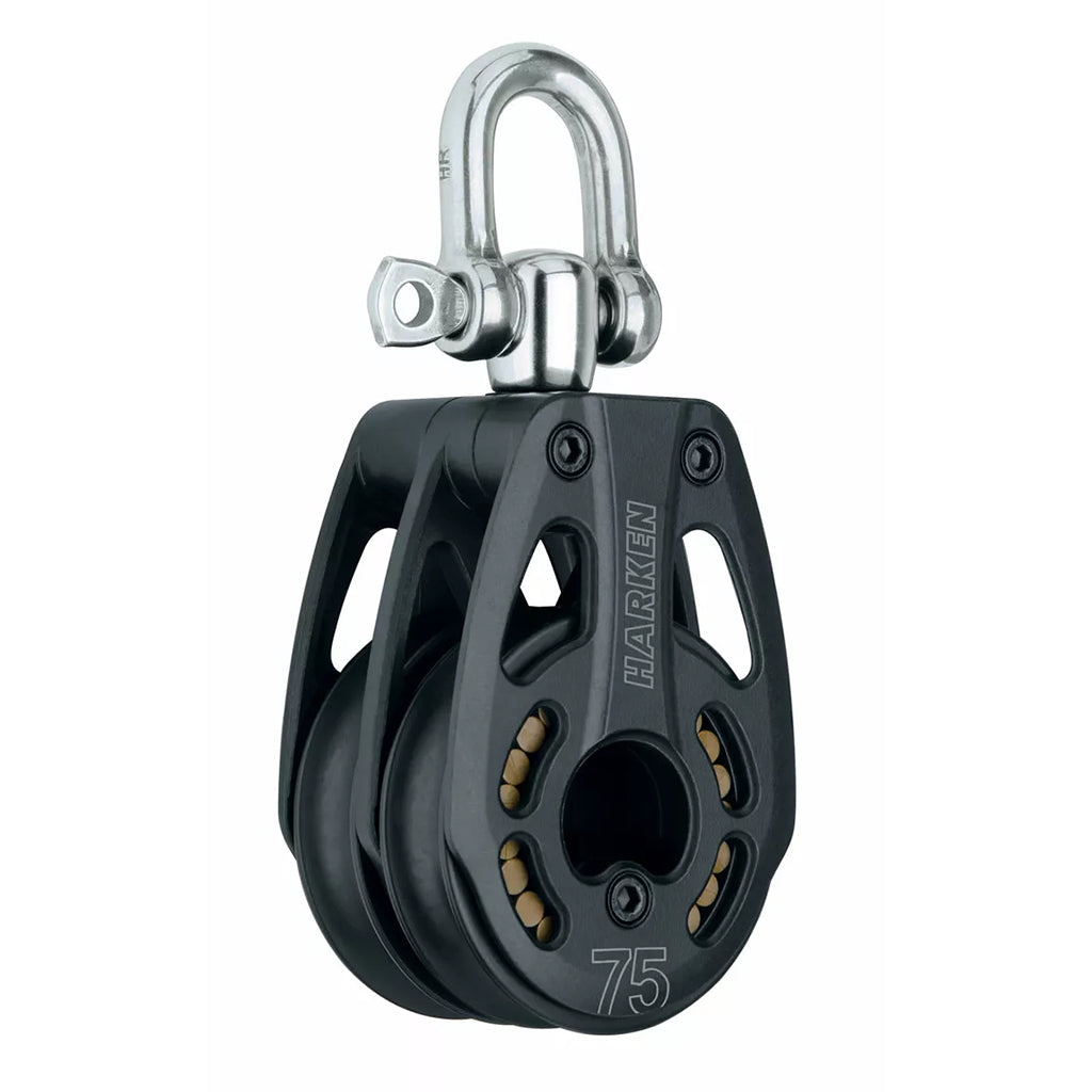 Aluminum Pulley with two black sheave and cut out side plates with a swiveling or locking top post and a shackle.
