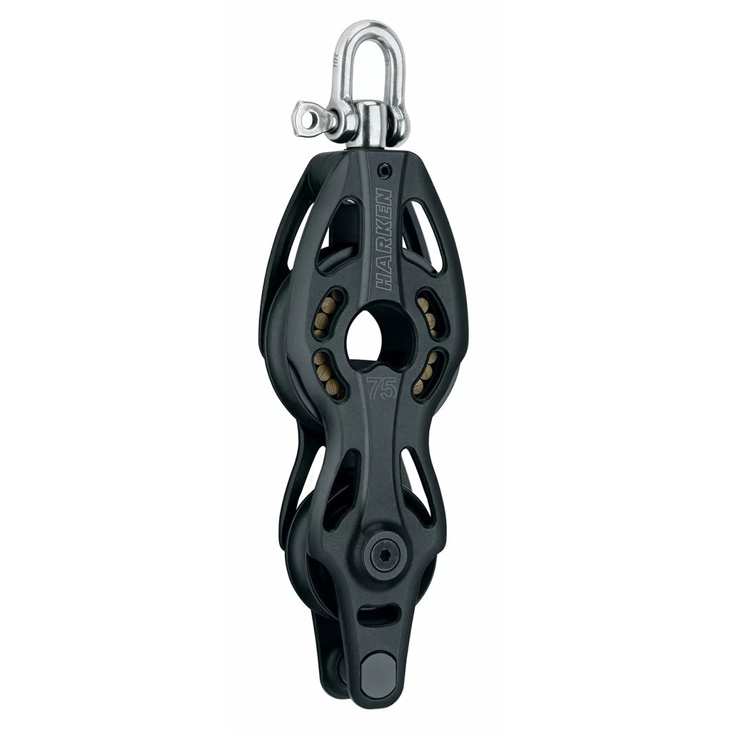Aluminum Pulley with two black sheaves in a vertical alignment, a swiveling top post, a shackle and a becket.