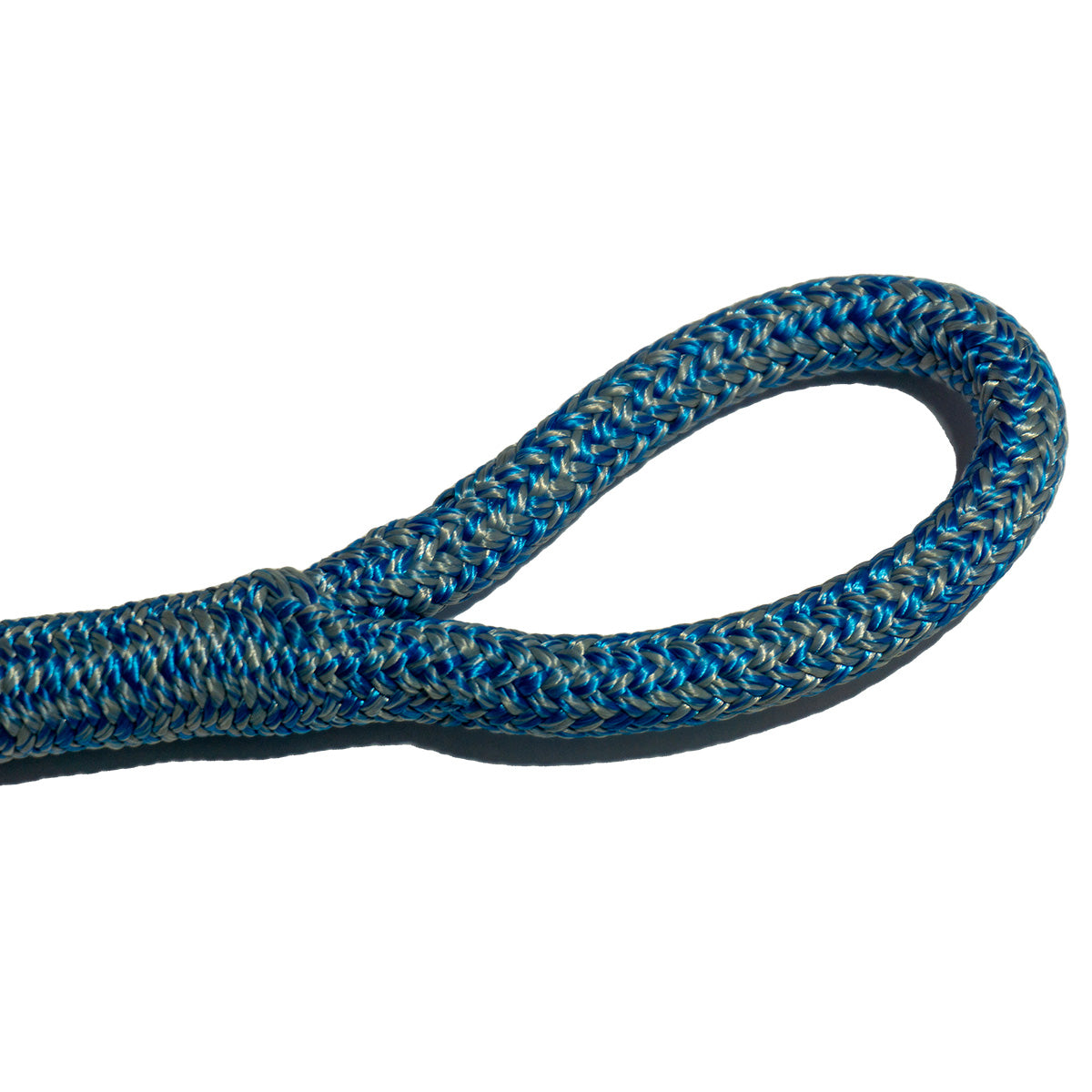 Blue rope with yellow flecks spliced in an eye loop displaying a Hi-Tech Splice.