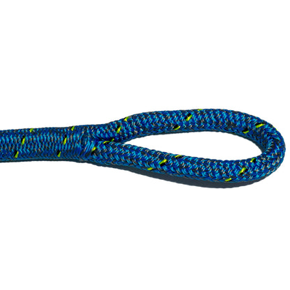 Blue rope with yellow flecks spliced in an eye loop displaying a Hi-Tech Splice.