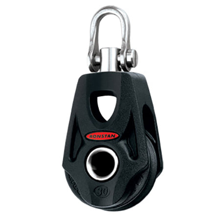 One sheave with large Stainless Steel hub with swivel post and shackle.