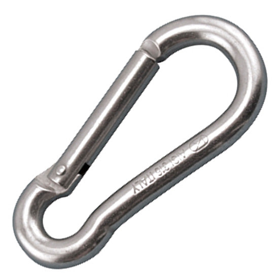 2 inch long oblong spring clip with a key lock bar gate and an open eye.