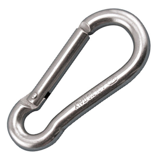 2 3/8” inch long oblong spring clip with a key lock bar gate and an open eye.