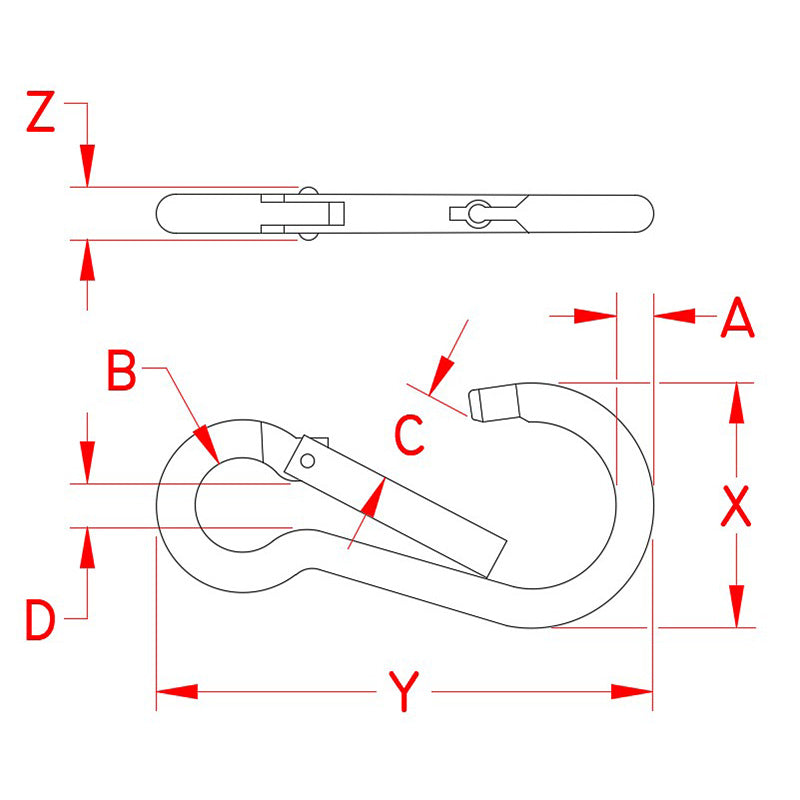 Drawing of Suncor stainless steel spring clip with key lock