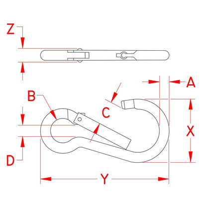 Drawing of Suncor stainless steel spring clip with key lock