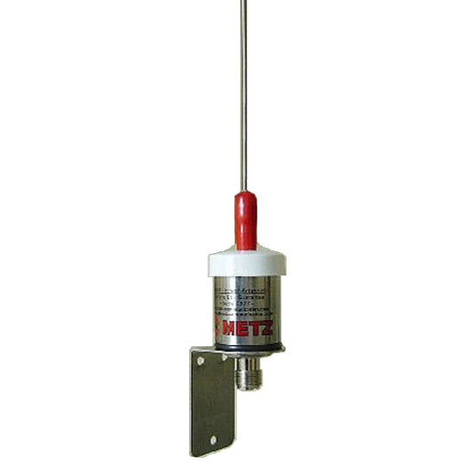 METZ VHF marine antenna with a red top, white middle section, and silver body, mounted on a bracket.