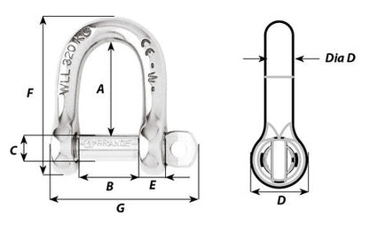 Technical drawing of whichard stainless steel self-locking D shackle.