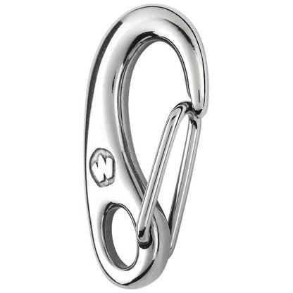 2 Inch oblong hook with a spring loaded wire lever gate and hole for attachment