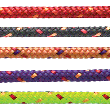 Color group image of Spyder Line rope in red, black, mango, purple, and lime green colors. All color options have red and orange flecks, except the mango which has purple and red flecks.