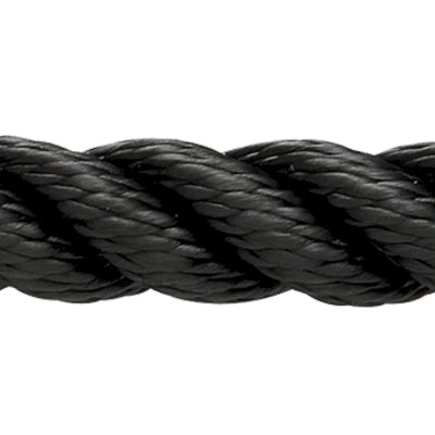 Close up of solid black three strand rope, demonstrating the weave and color of the rope.