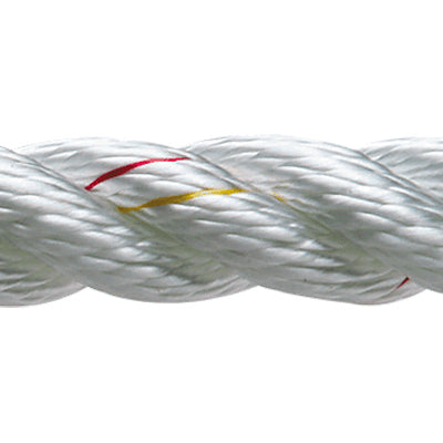 Close up of white three strand rope with red and yellow flecks, demonstrating the weave and color of the rope.