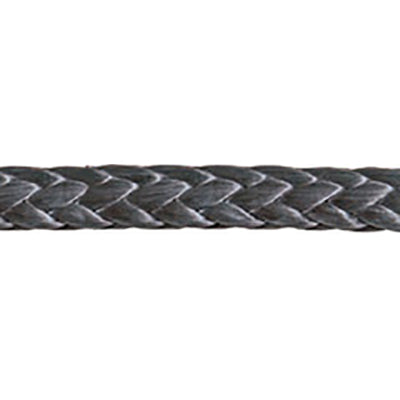 Close up Samson Amsteel Blue rope, in the black color, demonstrating the weave.