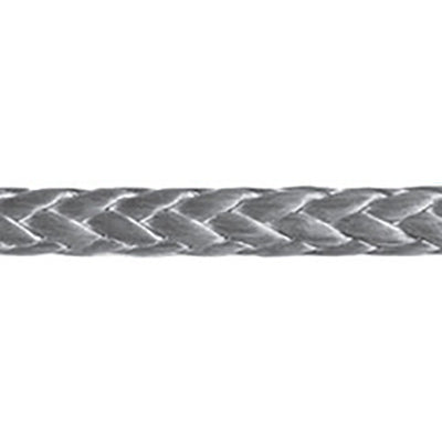 Close up Samson Amsteel Blue rope, in gray color, demonstrating the weave.
