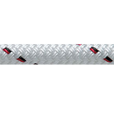 Close up of white Endura Braid rope with blue and red flecks woven in the braid.