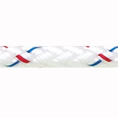 White Finish Line rope with red and blue flecks running throughout the line.