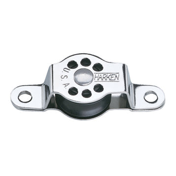 Stainless Steel Pulley with one black sheave that has two fastener holes to lay flat on a surface.