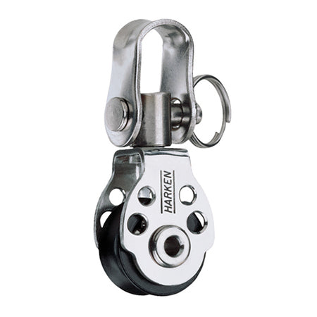 Stainless Steel Pulley with one black sheave, a swiveling top post and shackle.